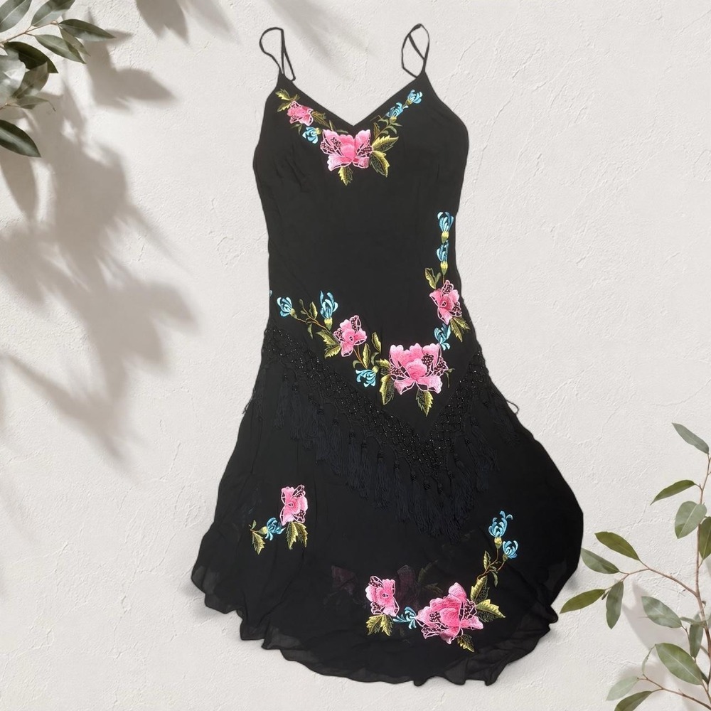 Sue Wong Black 100% Silk Floral Embroidered Dress